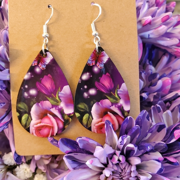 Pink Butterfly & Flowers Teardrop Earrings - Picture 10 of 12